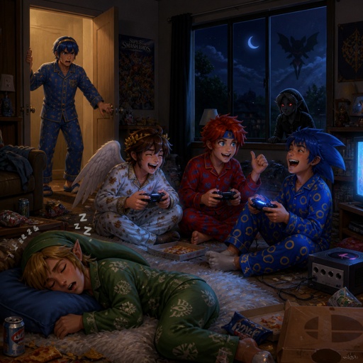 Super smash brothers link from legend of Zelda, pit from kid Icarus, and sonic the hedgehog as a human,Marth from fire emblem,Roy from fire emblem, Roy pit and human sonic all in pjs playing a video game in the living room on the floor laughing and being loud in the middle of the night, link past out snoring, and Marth coming into the living room wearing pjs yelling at them saying “it’s 4 o’clock in the morning go to bed!” Then Roy says back to Marth “ come on Marth it’s a sleep over we’re just in joying it as much as possible, put headphones on if it’s that bad” Marth looks at Roy with a very angry face,there is dark link peaking through the window and a shadow of rouge the bat from sonic flying far off in the background 
