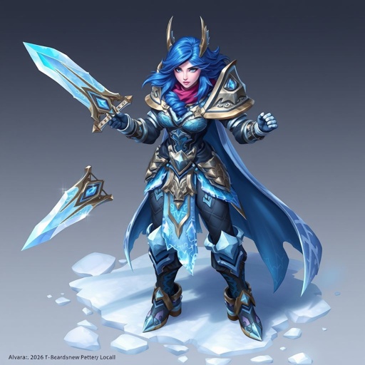 Create a battle woman hero called Alvara the Frostheart. Show full body head to toe including shoes