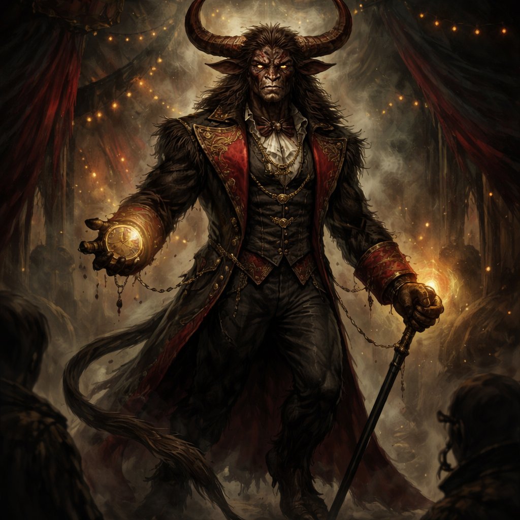 A male chestnut brown Minotaur with deep set cattle like brown eyes, large powerful gleaming horns like his fathers, a well~proportioned figure/body at lest 6 foot tall, long tail. He works at freak show as the ringmaster and his abilities are Reality Rejection, Time Manipulation (Chronokineses), Zoolingualism (Language of Cattle only), Human Speech. His mother is a human with half-animal (Cretan Cattle) physiology and his father is a Cretan Bull.