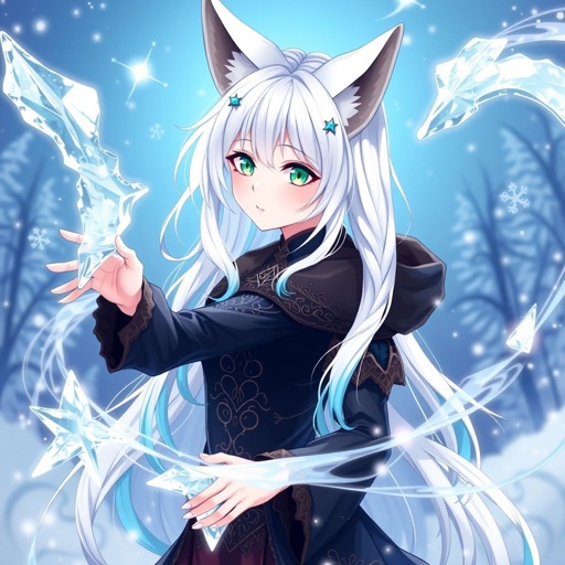 A pale teenage girl. Hair as white as snow with cyan tips, emerald eyes and small fox ears wearing mystic royal black top and trousers conducting ice (Russian themed)