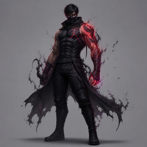 Male superhero with corruption powers, mask, black eyes, phoenix tattoo on arm, unstable