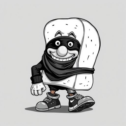 Create a funny looking clumsy sandwhich thief with funny shoes on. Make him have on the bandit black thing around his eyes 