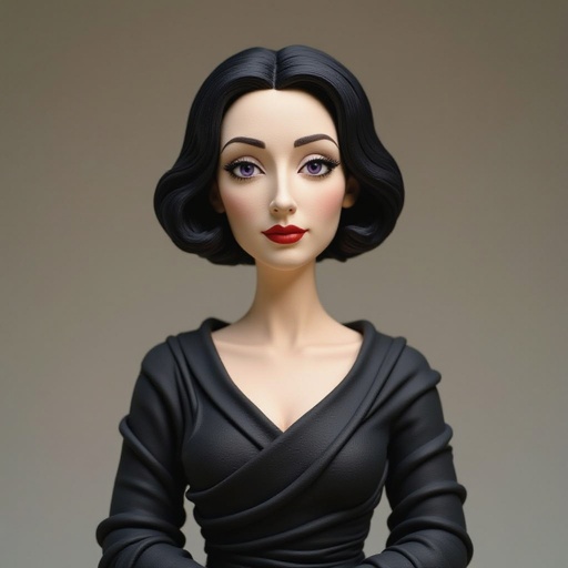 Create A lithe, mysterious woman draped in layered black silks that move like smoke around her. Her jet-black hair is cut sharp to her jawline, and her violet eyes seem to pierce through darkness.