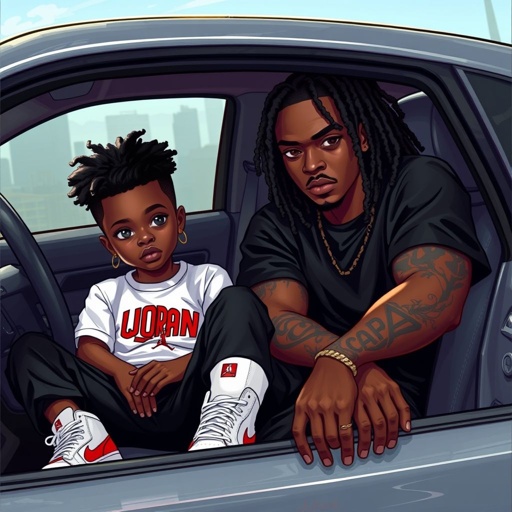 a young dark skin boy with a mini Afro with Jordan’s on and a white Jordan shirt with black pants he has dark brown eyes  in the car next to a dark skin guy with a black T-shirt on his eyes at dark brown too and he has a tatto on his right arm and it says foa goin down his arm and he has little black dreads 