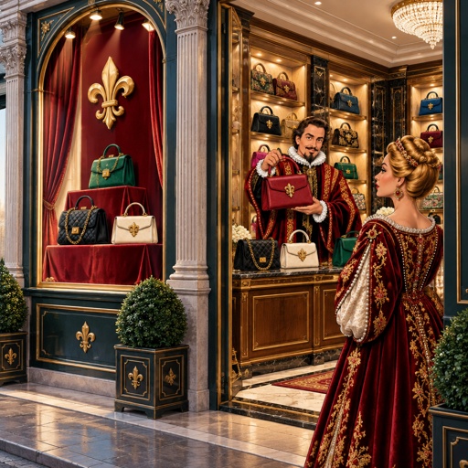 a woman in a red dress standing in front of a store
