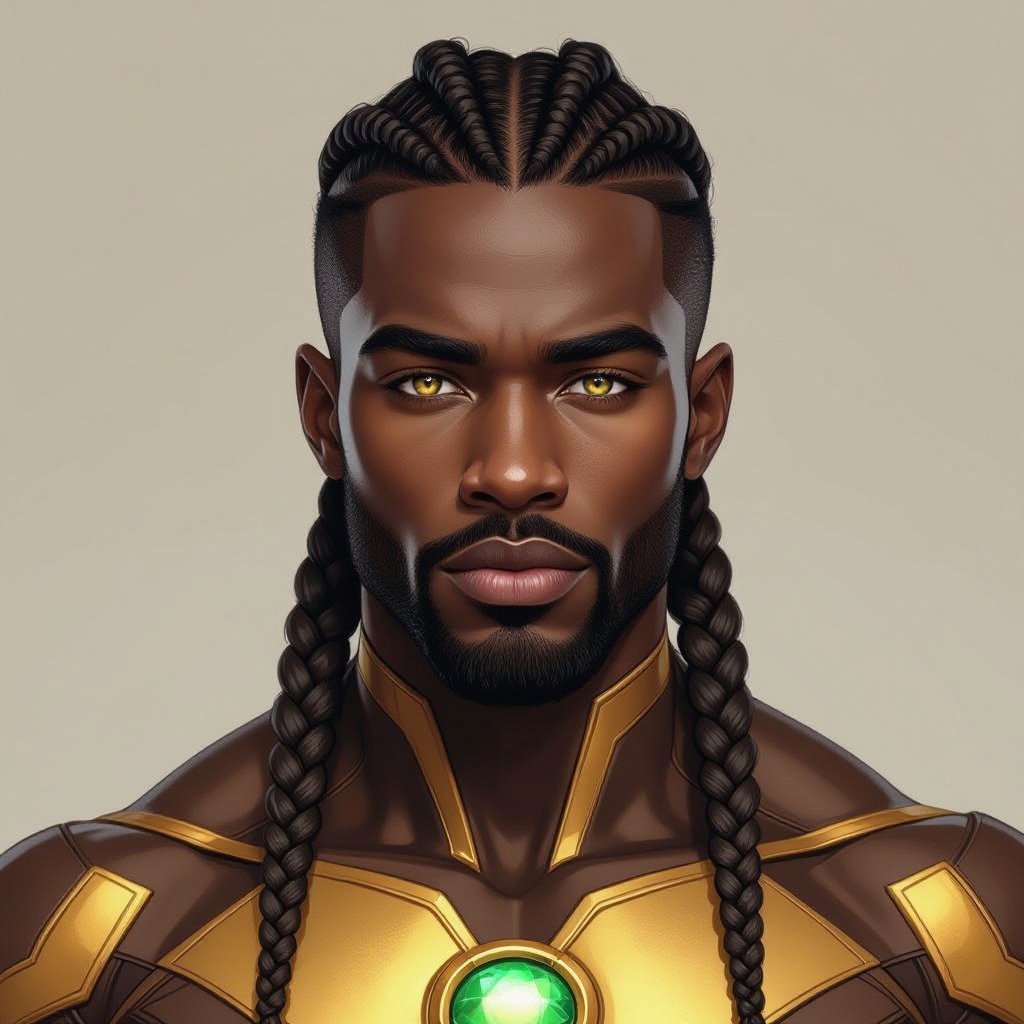 A strong man with black colored skin with braids and gold eyes wearing a brown and gold super suit with a green gem in the middle 