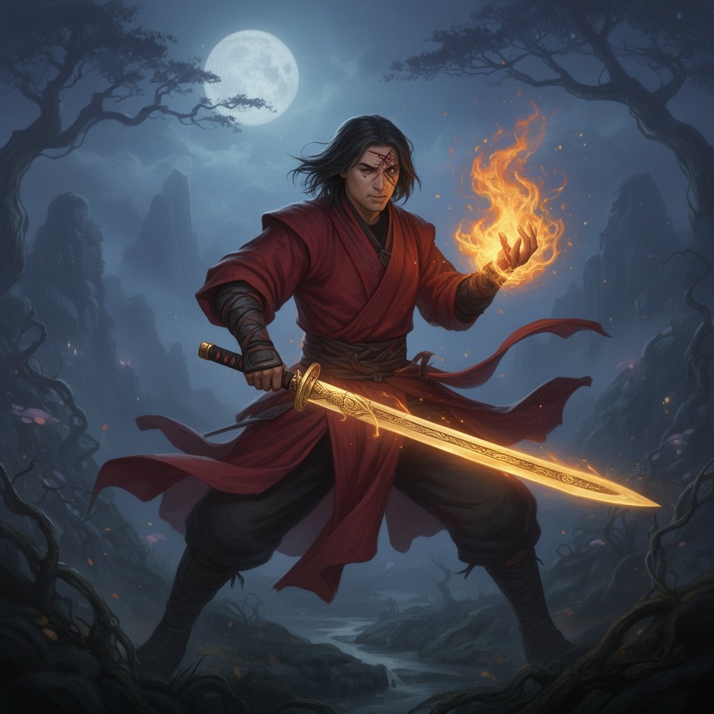 Ninja wearing red clothing, scar over left eye with medium length hairstyle, holding a golden sword in one hand and a flame in the other