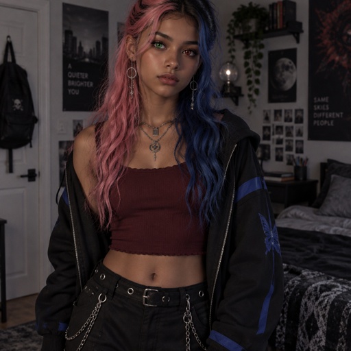 character has to be standing Gender: Female Age: 16 Eyes: Heterochromatic; one dark green, one deep red Quirk: Emotion Perception & Quirk Copying Hair: Split-dyed pink and blue Skin: Warm caramel brown Clothing: Burgundy crop top, black jacket, blue accents, silver chains Species: Human Backstory: Absorbed her twin in the womb, inheriting two quirks. Personality: Quiet, observant, guarded, fiercely protective Likes: Art, music, solitude, rainy nights Dislikes: Crowds, dishonesty, losing control