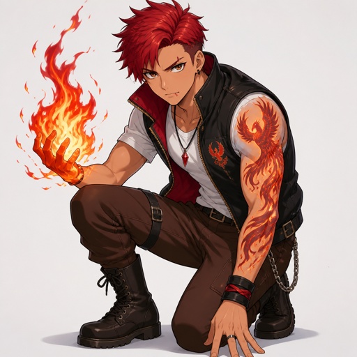 Young man,red hair,brown eyes,intense eyes,left eye brow is shaved in middle,wears sleeves shirt and sleeves jacket,brown pants,and boots,can use fire power,a tattoo of a phenix with the color of fire,related to of the fire phenix family,has a scar on lips 