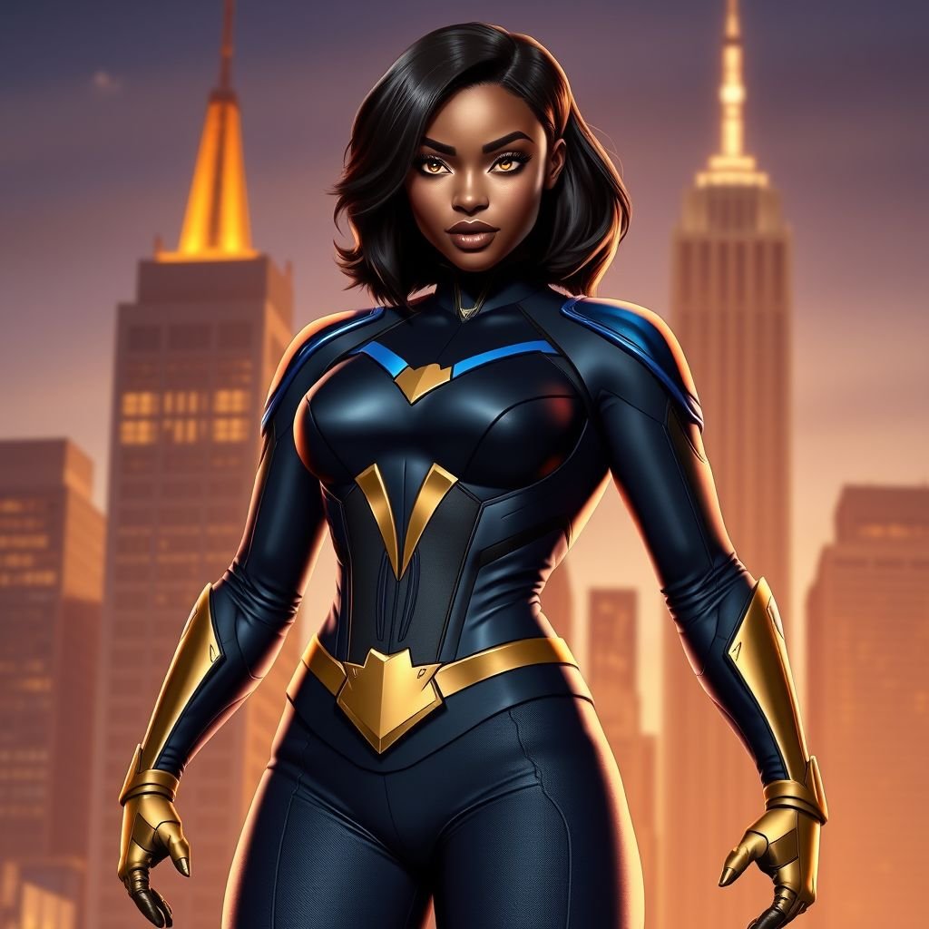 African American female superhero with hair in a shoulder length side part hairstyle with pure Gold Glowing eyes wearing a black blue and gold accented suit with navy blue pants and gold knee length boots with a V with the top half gold and the bottom half black as her chest emblem in Philadelphia