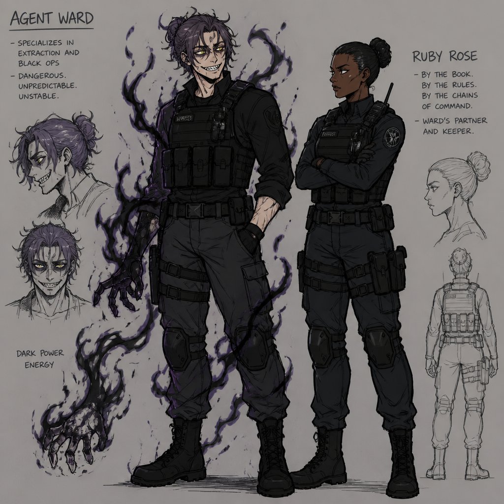 Anime style, Agent Ward, made in a secret lab to be best weapon and good at everything, highly skilled,be kept in check and have an emergency backup in case he gets out of control, Wards hair a messy bun hair color violet, is clean shaven, yellow night vision eyes, sharp teeth,has a dark power energy from experiments,best agent, in late 20s, tired, tall, eyes sensitive to light, easily migraines, likes making jokes, mischievous and dangerous,grins, hates being told what to do, intimidating, laugh like a maniac cares about his partner ruby rose she's dark skin serious plays by the rules and firm but nice to ward them standing together ruby arguing to wards “stop being so intimidating you’re going to give are suspect a hart attack!” Ward says “what I’m just making the job go faster he’s fun and was very helpful “ he proceeds to laugh ruby says under her breath “this isn’t funny”