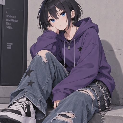 CREATE AN ANIME GIRL WITH SHORT BLACK HAIR,BLUE EYES,PURPLE HOODIE,LONG RIPPED JEANS WITH CHAINS,STARS ON THE JEANS,BLUE EYES