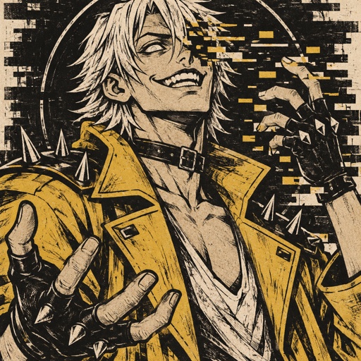 Male, cheekbones, white hair, smooth on top spiky on the bottom, neck length, white eyes, yellow trench coat, metal spike shoulder pads, black choker, low cut white shirt, fingerless gloves with spikes, insane smile, glitch powers, one missing glitchy eye, slim