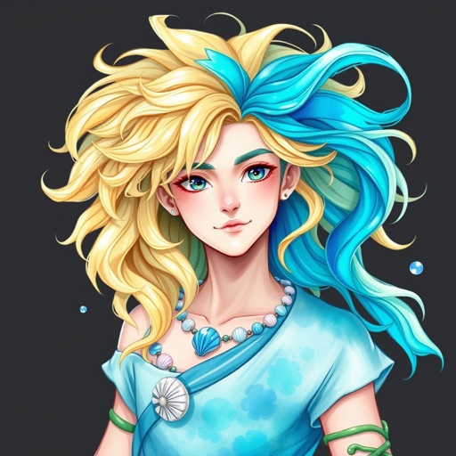 A teenage water prince with blonde hair and a blue strand of hair