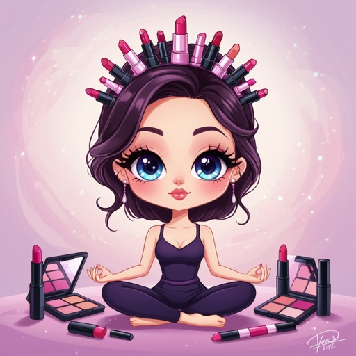 Create a chibi character mid 30’s lady who is the meditating with makeup stuff