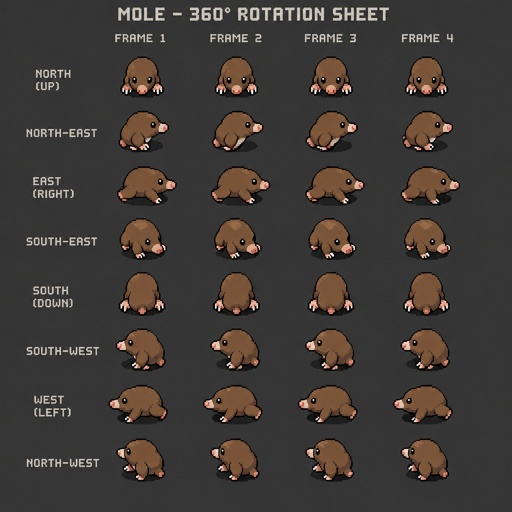 Mole for a fantasy game set in modern times, top-down style, 360