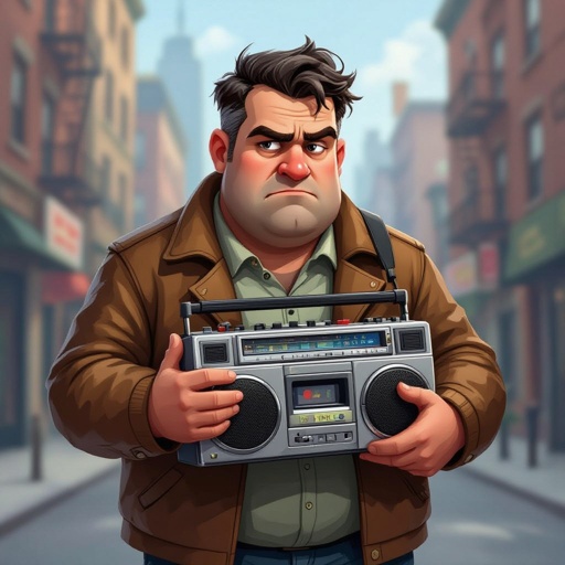 Create a funny fat guy who isnt friendly from New York  has a boom box radio 