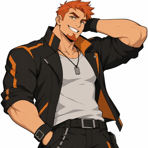 Male, orange short hair, chin goatee, yellow eyes, cool clothes, happy, strong 