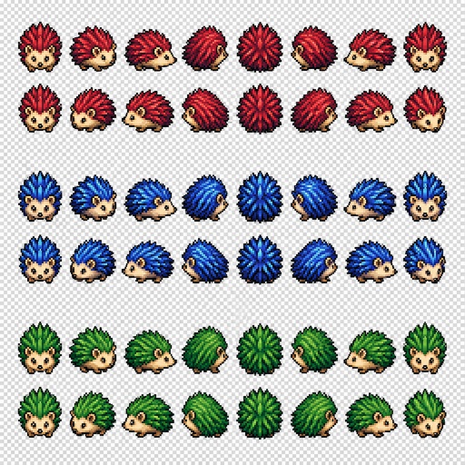 Hedgehog for a fantasy game set in modern times, top-down style, 360, different colors