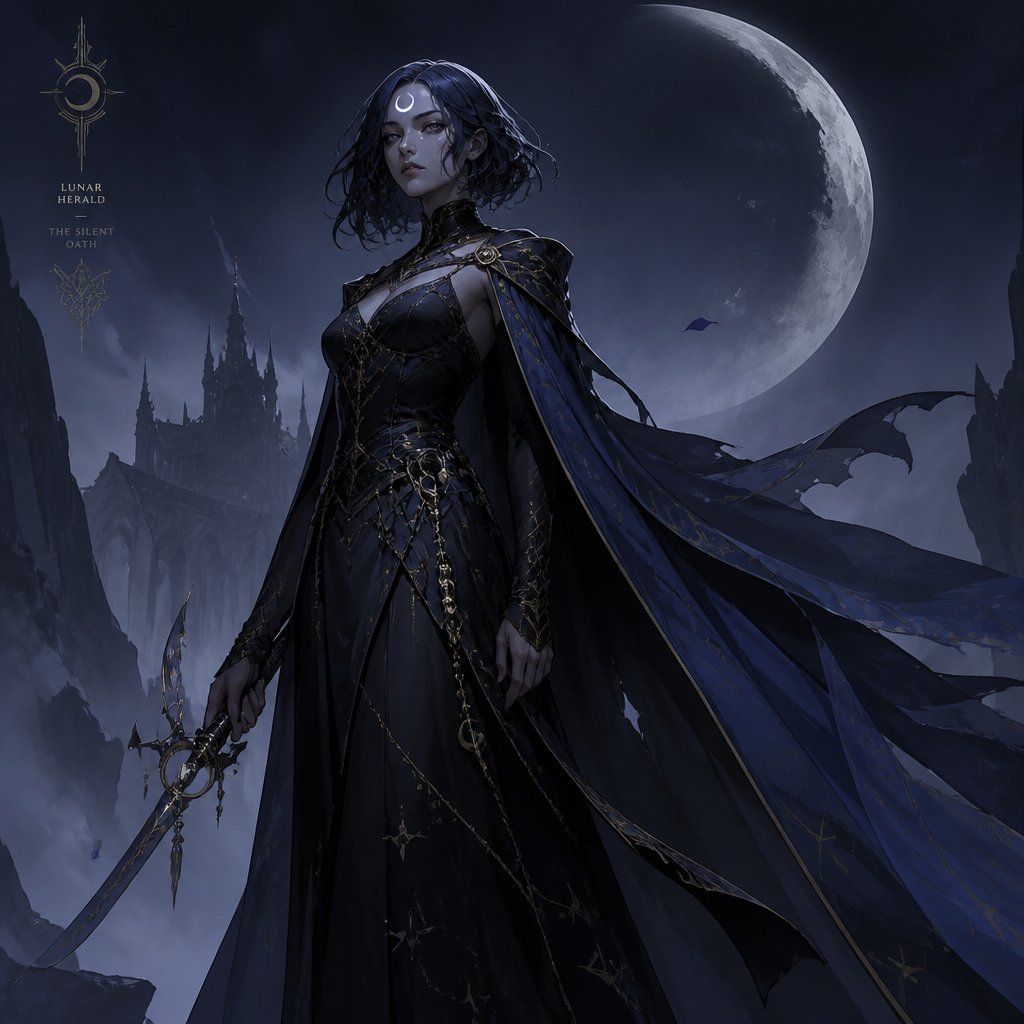 dark fantasy female with moon mark on head dark blue long bob hair with cape