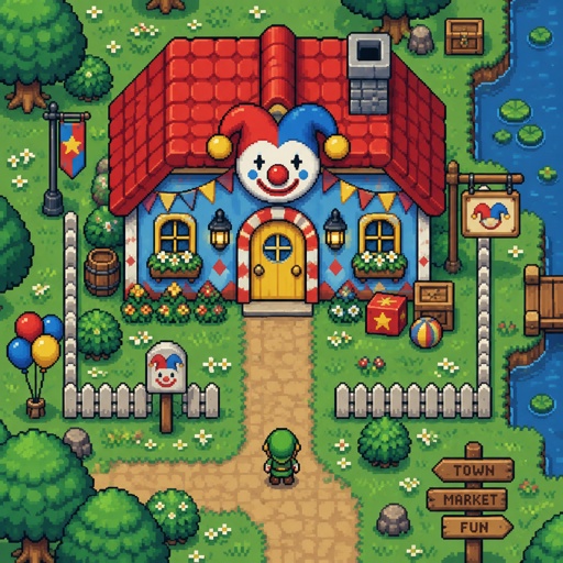 Cozy clowns house for a modern fantasy game, exterior, top down style