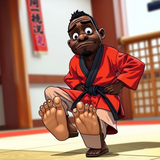 Create a character who looks like a funny African karate guy who doesn’t have a clue what he is doing. Make him have weird toes