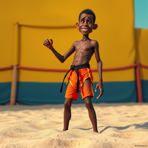 Create a character who looks like a funny African karate guy who doesn’t have a clue what he is doing. Make him have weird toes, only speedos on and a black karate belt. Make him tal skinny and slinky.