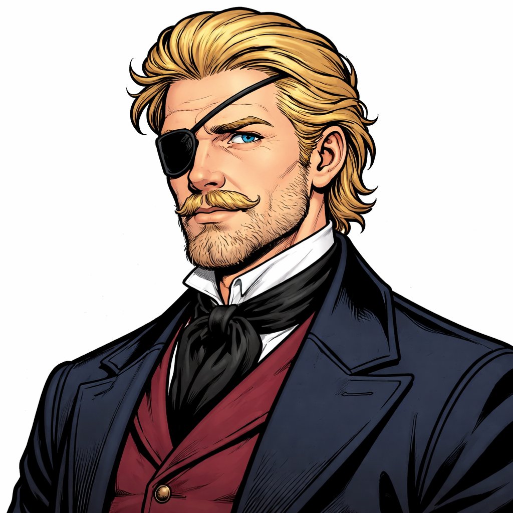 Same picture as previous four poses . Realistic, refined, no drama, head and shoulders shot three-quarter view, middle-aged man blonde hair eyepatch over left eye mid 19th century appearance