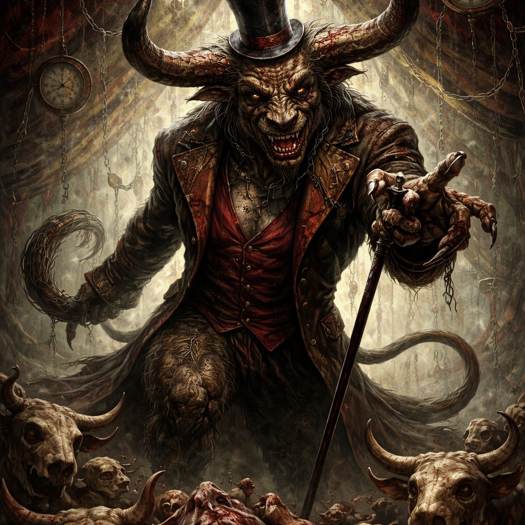 A male chestnut brown Minotaur with deep set cattle like brown eyes, large powerful gleaming horns like his fathers, a well~proportioned figure/body at lest 6 foot tall, long tail. He works at freak show as the ringmaster and his abilities are Reality Rejection, Time Manipulation (Chronokineses), Zoolingualism (Language of Cattle only), Human Speech. His mother is a human with half-animal (Cretan Cattle) physiology and his father is a Cretan Bull.