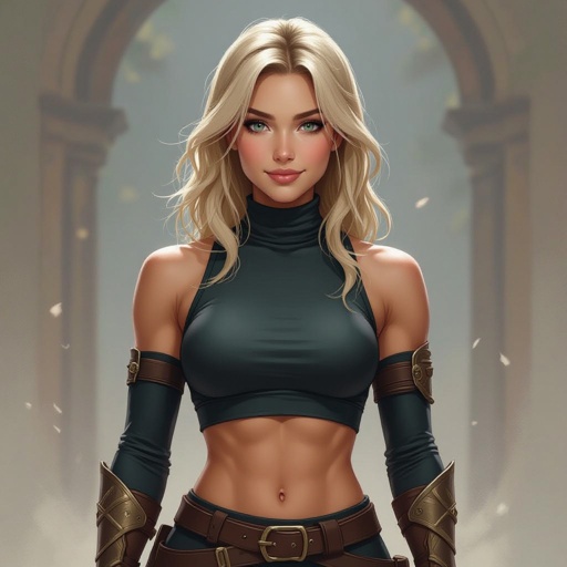 Kobieta o blond włosach do pasa, muskularna sylwetka, ubrana w strój sportowy, piękny uśmiech, delikatna uroda. Koszulka crop top, ale z golfem 

