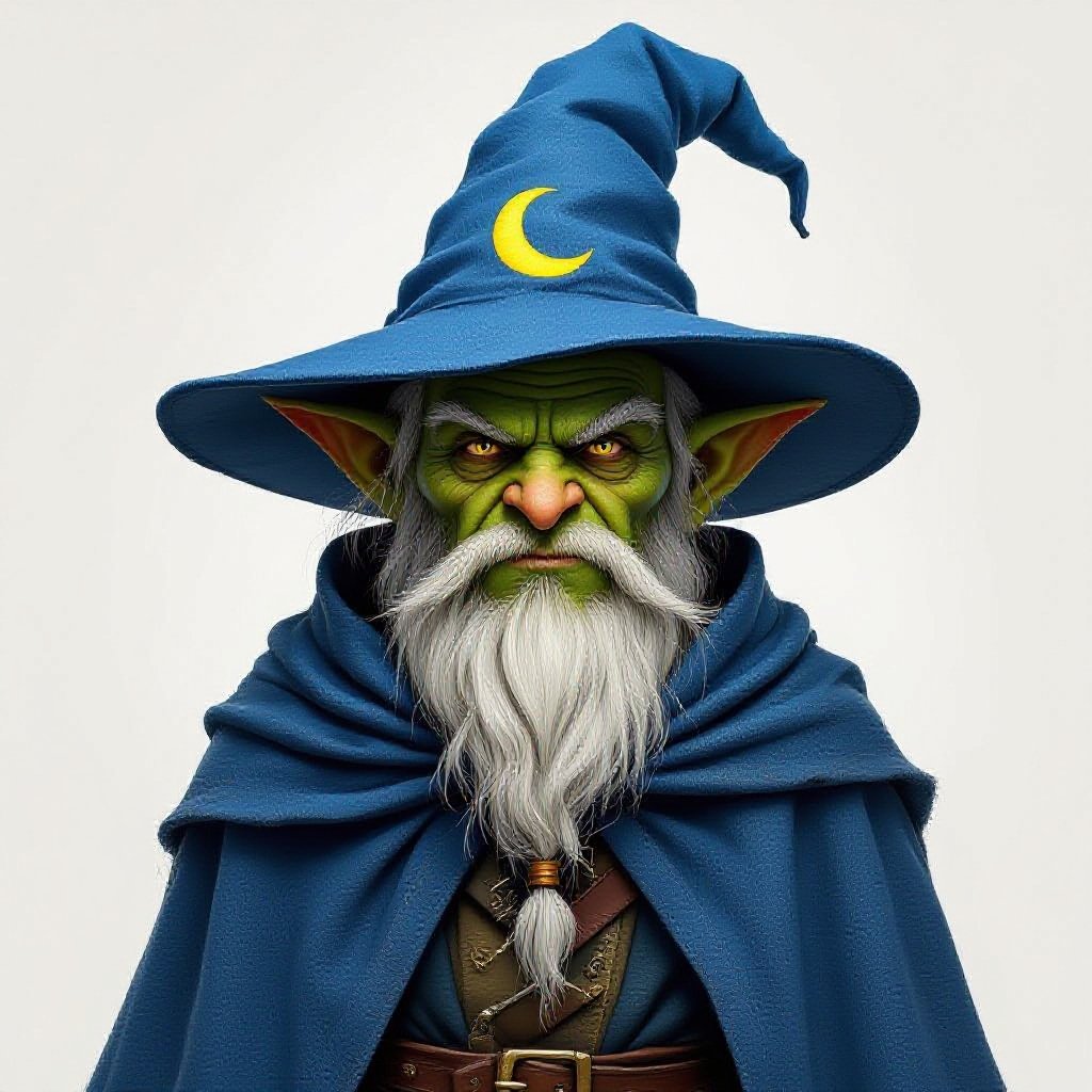 A Goblin mage with a blue cloak and a pointy wizard hat with a yellow crescent moon on the robe and hat