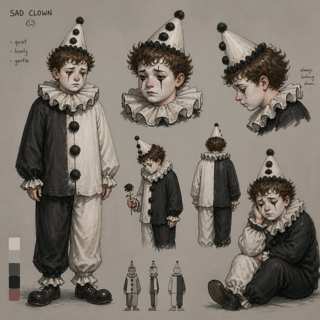 Male, young, chubby face, white face makeup, black tear under both eyes, sad, cone clown hat, black and white clown clothes, clown neck ruffles, curly short brown hair,freckles, multiple of the same character