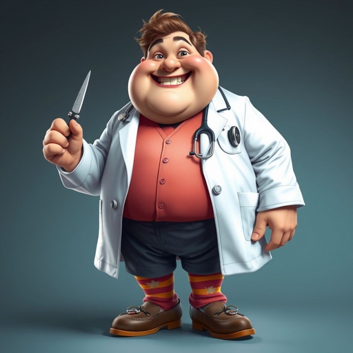 .. create a fat doctor. Who is funny human looking from head to toe. And he always immediately results to surgery for anything even small things. So please be sure to show his whole outfit head to toe. Make him have 1 tooth. Make it more adult humor instead of cartoon humor.