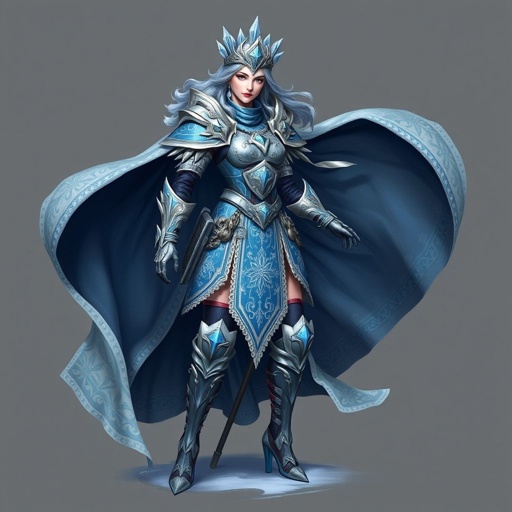 Create a battle woman hero called Alvara the Frostheart. Show full body head to toe including shoes
