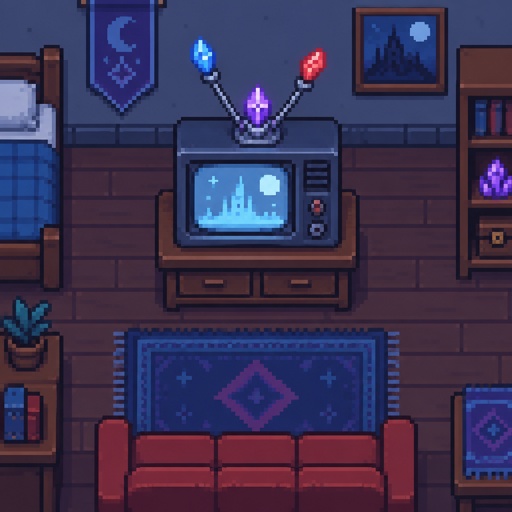  antennas on top of tv mixed with magical crystals, top down style