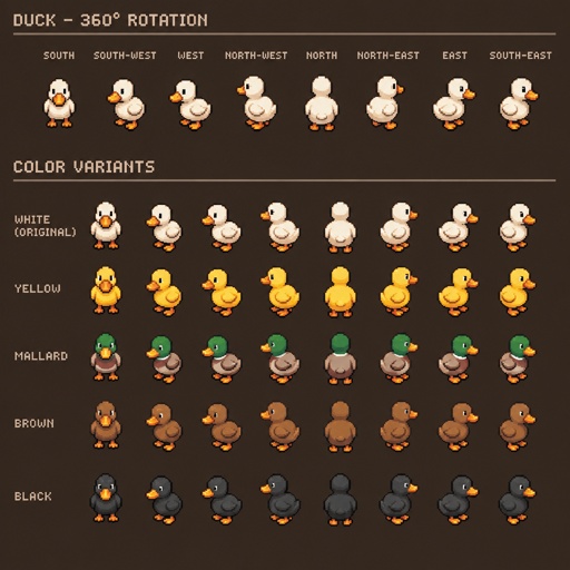 Farm Duck for a fantasy game set in modern times, top-down style, 360, different colors
