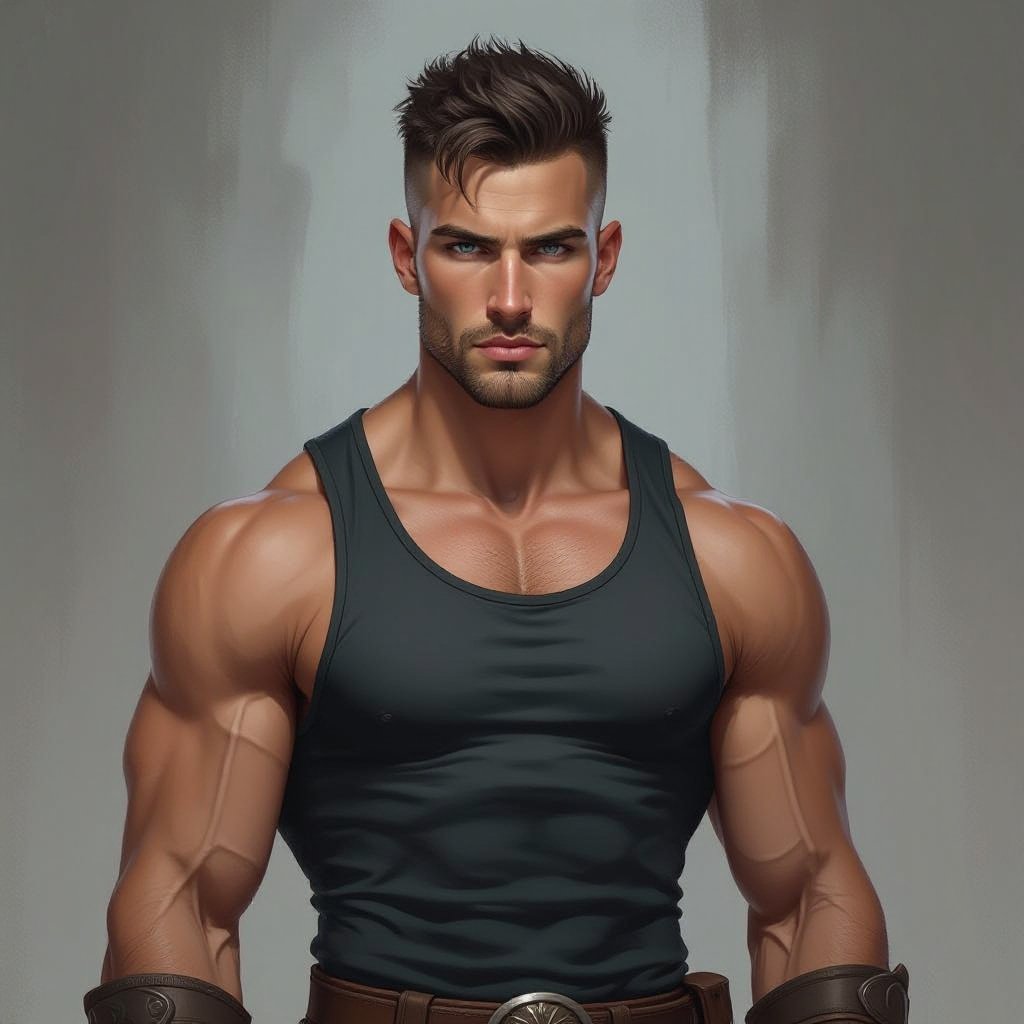 Mężczyzna. Wysoki o muskularnej budowie. Obcięty na jeżyka ciemne włosy. wygolone boki na zero. Delikatny zarost. Mocna budowa ciała. Orli nos. Wąskie usta i jasne niebieskie oczy. Sportowiec. Ubrany w koszulkę bez rękawów zasłaniającą brzuch