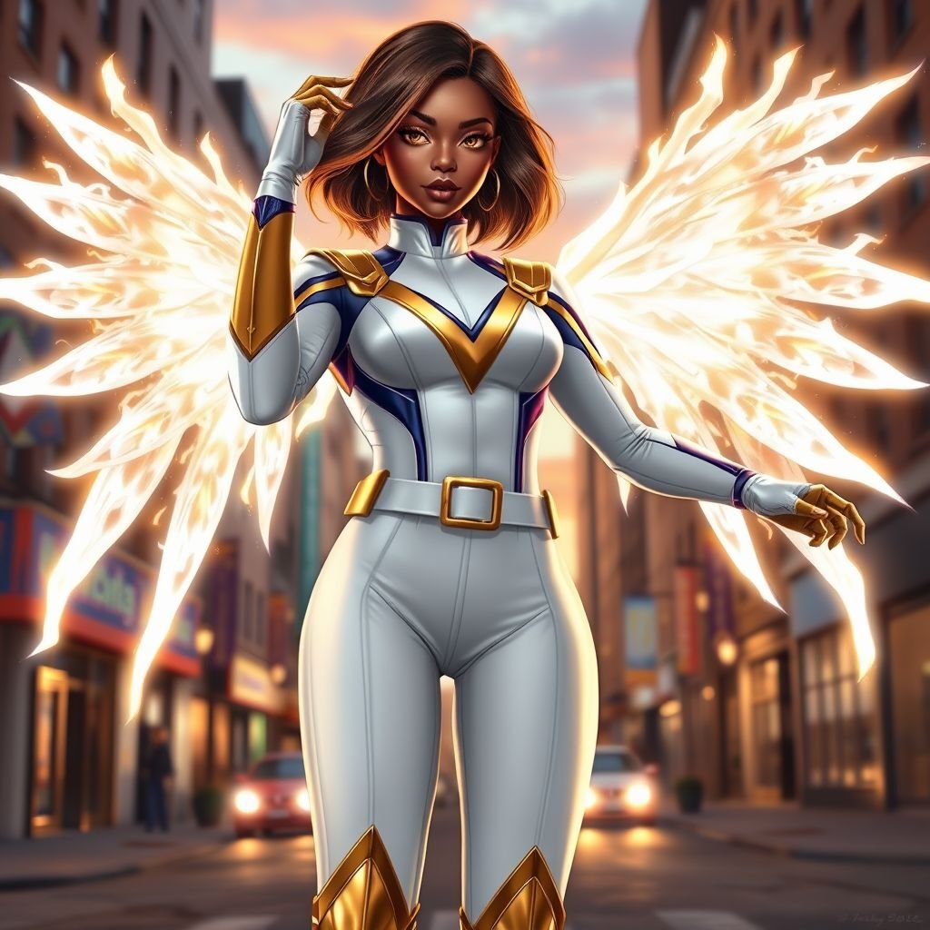 A teenage African American female superhero with brown hair with gold highlights in a shoulder length side part hairstyle with pure Gold Glowing eyes wearing a white suit with gold and royal blue  with white pants and gold and white knee length boots with a utility belt with a gold V  as her chest emblem with glowing  wings made of white fire in Philadelphia 