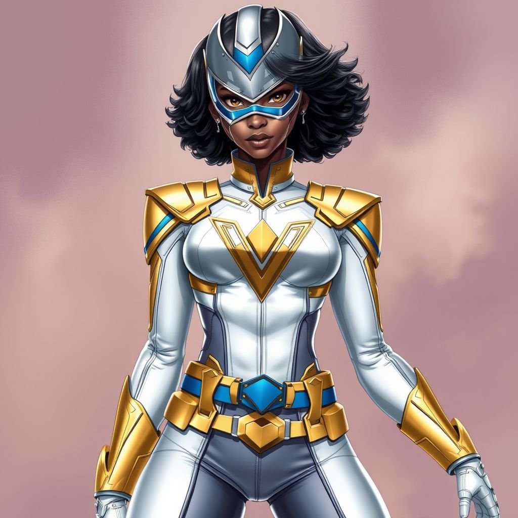 A teenage African American female with shoulder length curly hair  in a side part style superhero  wearing an armored MASK and a slightly armored white and gold suit with white pants and blue accents and a stylized V as her chest emblem a utility belt and gold boots