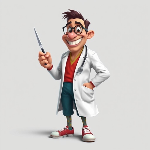 create a doctor. Who is funny human looking from head to toe. And he always immediately results to surgery for anything even small things. So please be sure to show his whole outfit head to toe. Make him have only 1 tooth