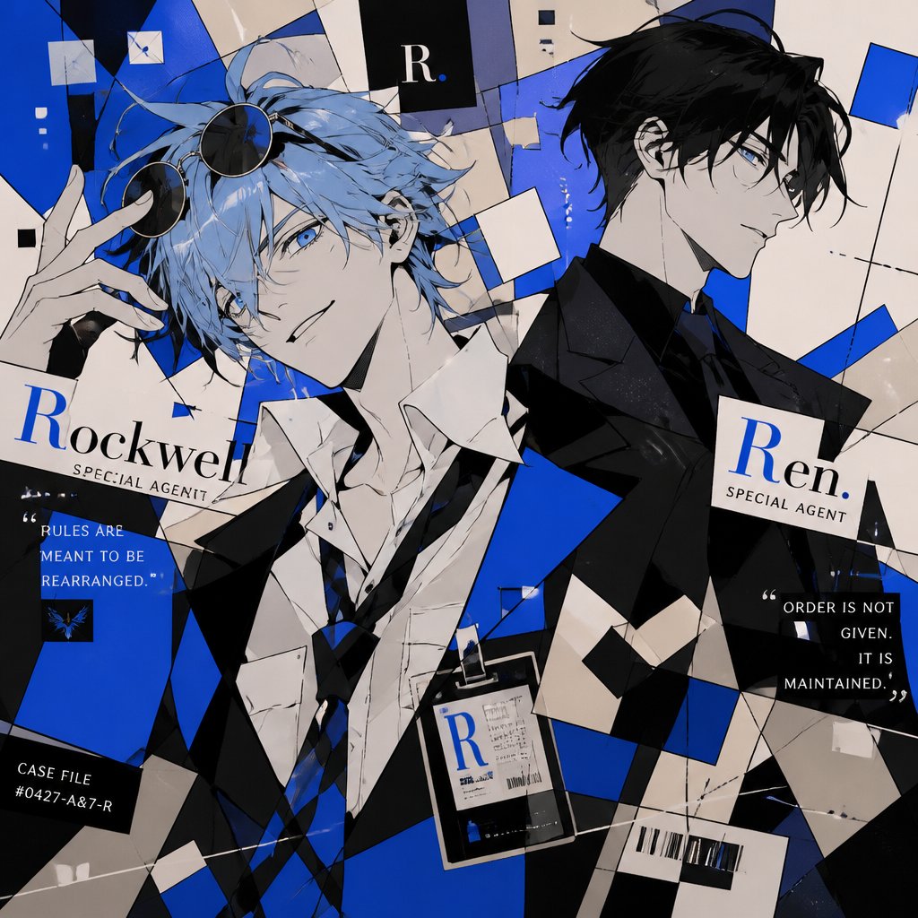 Comic Anime Agent Rockwell very poof up messy hair half side longer and drooped down hair is a light blue skin color white, very bright blue eyes, wears a suit tie is loose, he doesn't wear his jacket his collar to his shirt is uneven sunglasses on his head He's know for his mischievous and reckless behavior but takes missions very seriously is one of the best agents they have Ren is Rockwell's partner is very serious and organized opposite of Rockwell, get very annoyed at Rockwell's behavior they tend to argue with each other but Rockwell is more of having fun