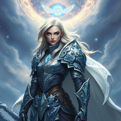 Create a battle woman hero called Alvara the Frostheart. Show full body head to toe including shoes