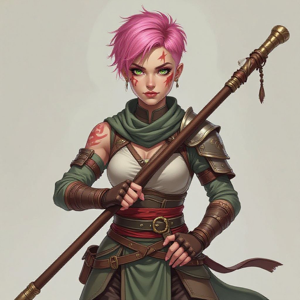 My character is a human monk with short pink hair and scars across her face. She is wearing light armour but long sleeves and long legged trousers. She has green eyes and has a quaterstaf as a weapon