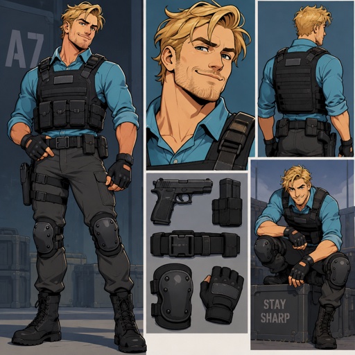 Male, messy blonde hair, hair brushed to the side, very little stubble, smirk, cyan shirt, bulletproof vest, fingerless gloves, knee pads, belt with gun