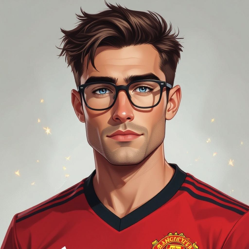 Mężczyzna o krótkich, ciemnobrązowych, włosach. Gładko ogolony.  niebieskie oczy. Ubrany w koszulkę piłkarską manchaster united. Duże okulary z szerokimi oprawkami. Podłużna twarz. Bardzo wysokie czoło. Zakola. Wąskie usta, Brwi opadające na końcach. Przymknięte oczy. Bez kolczyków