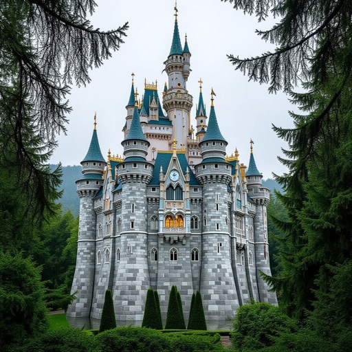 A castle with silver walls and trees 