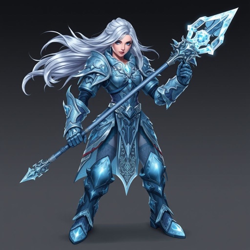 Create a battle woman hero called Alvara the Frostheart. Show full body head to toe including shoes 
