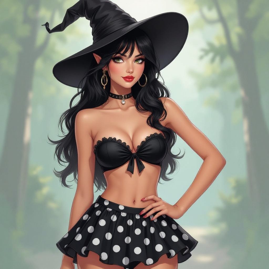 Dark Brunette Elf Witch Librarian with With Hat. Strapless Bathing Suit Top and Black and white Polka Dot Mini Pencil Skirt