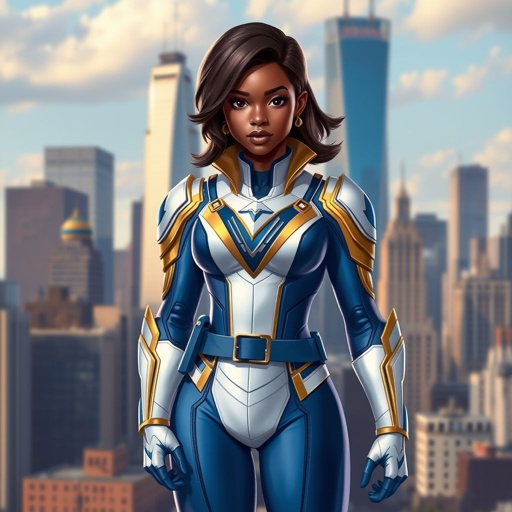 A teenage African American female superhero wearing a domino style mask with slightly curly hair in a shoulder length side part style wearing a slightly armored White and blue suit with gold accents blue pants and a stylized V as her chest emblem a utility belt and blue boot heel less standing in Philadelphia