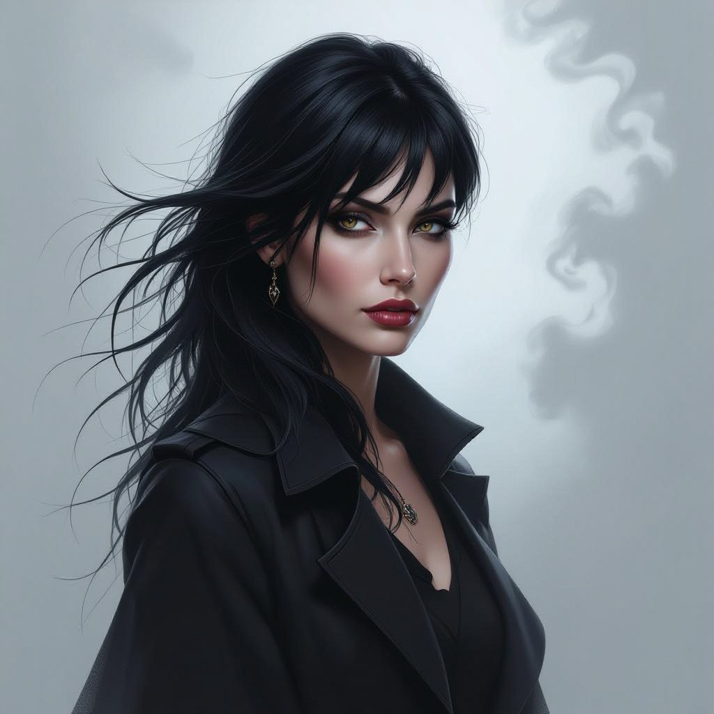 Show character head to toe. Create a mid age mysterious woman jet-black hair is cut sharpand her eyes seem to pierce through darkness. A shadowy aura clings to her form,